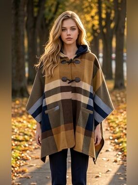 RACHEL Rachel Roy Hooded Plaid Poncho Sweater in Brown, Navy & Cream